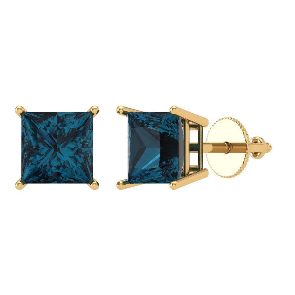 4 ctw London Blue Topaz Studs Earrings | 7.0mm Princess Cut White Gold Screw back | December Birthstone