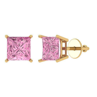4 ctw Pink Zirconia Studs Earrings | 7.0mm Princess Cut White Gold Screw back | April Birthstone
