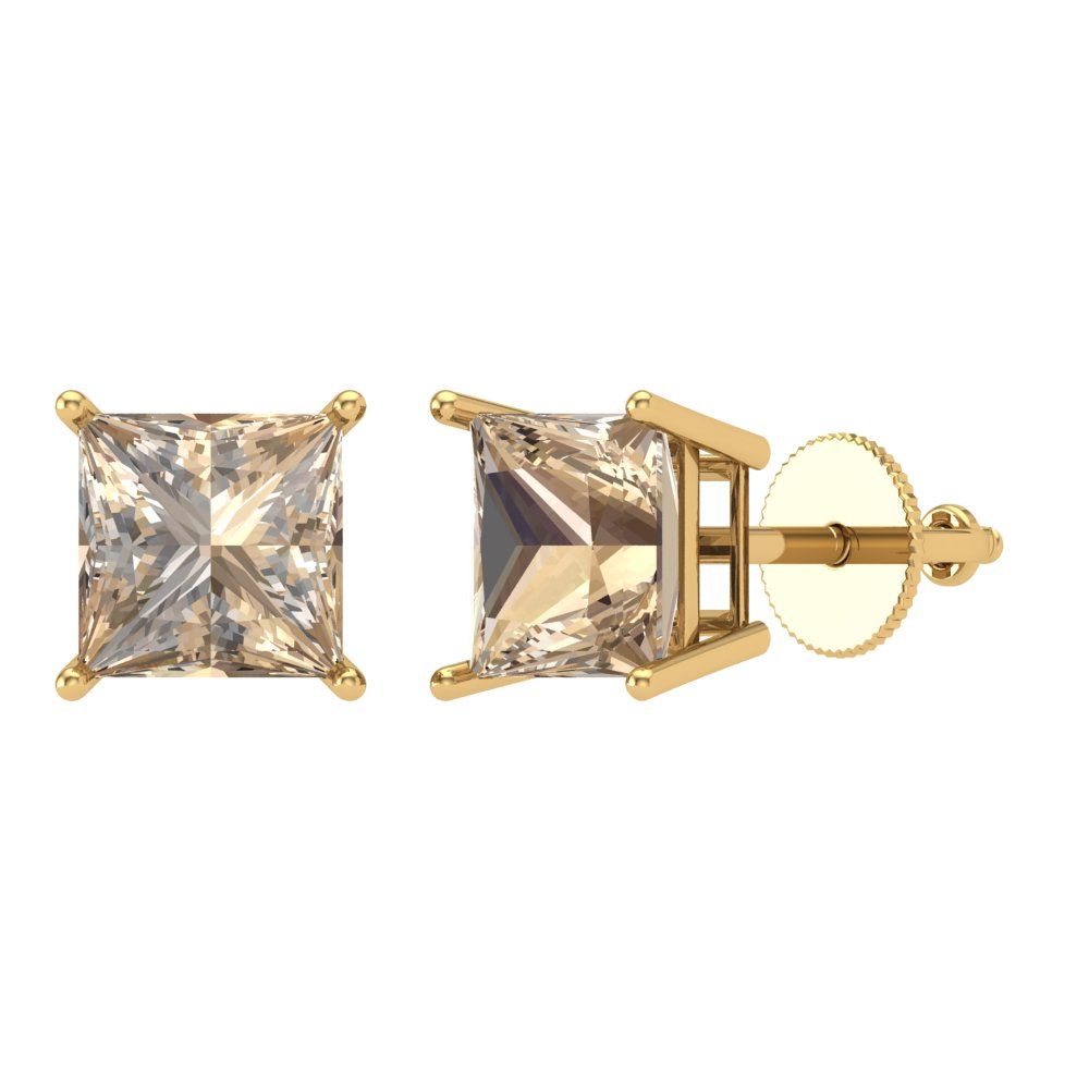 4 ctw Yellow Moissanite Studs Earrings | 7.0mm Princess Cut White Gold Screw back | April Birthstone