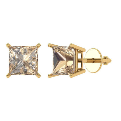 4 ctw Yellow Moissanite Studs Earrings | 7.0mm Princess Cut White Gold Screw back | April Birthstone