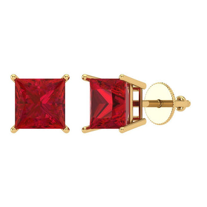 4 ctw Ruby Studs Earrings | 7.0mm Princess Cut White Gold Screw back | July Birthstone