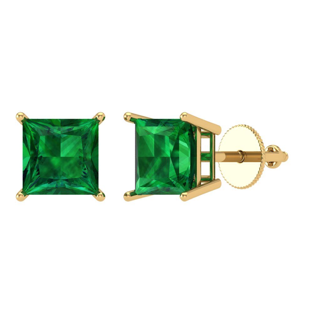4 ctw Emerald Studs Earrings | 7.0mm Princess Cut White Gold Screw back | May Birthstone