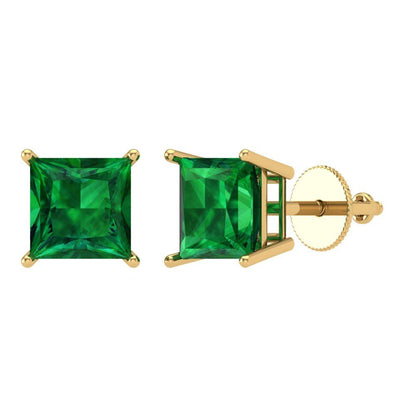 4 ctw Emerald Studs Earrings | 7.0mm Princess Cut White Gold Screw back | May Birthstone