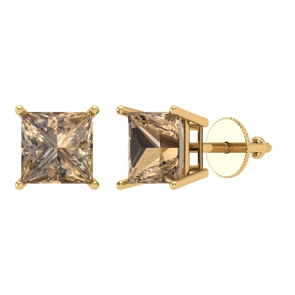 4 ctw Champagne Studs Earrings | 7.0mm Princess Cut White Gold Screw back | April Birthstone