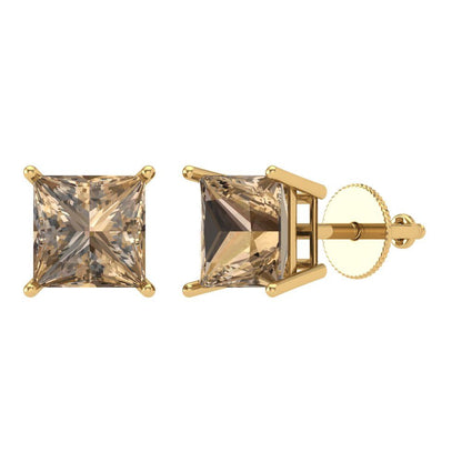 4 ctw Champagne Studs Earrings | 7.0mm Princess Cut White Gold Screw back | April Birthstone