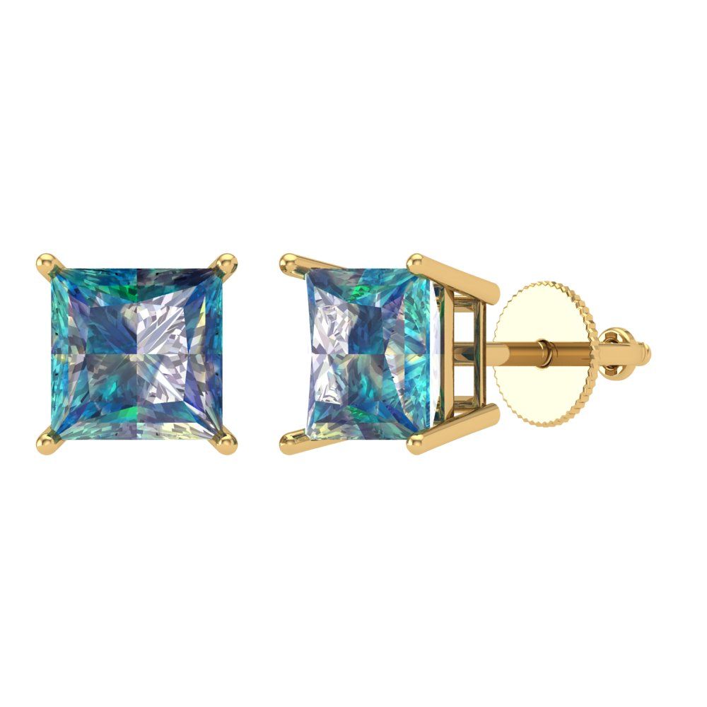 4 ctw Blue Moissanite Studs Earrings | 7.0mm Princess Cut White Gold Screw back | April Birthstone