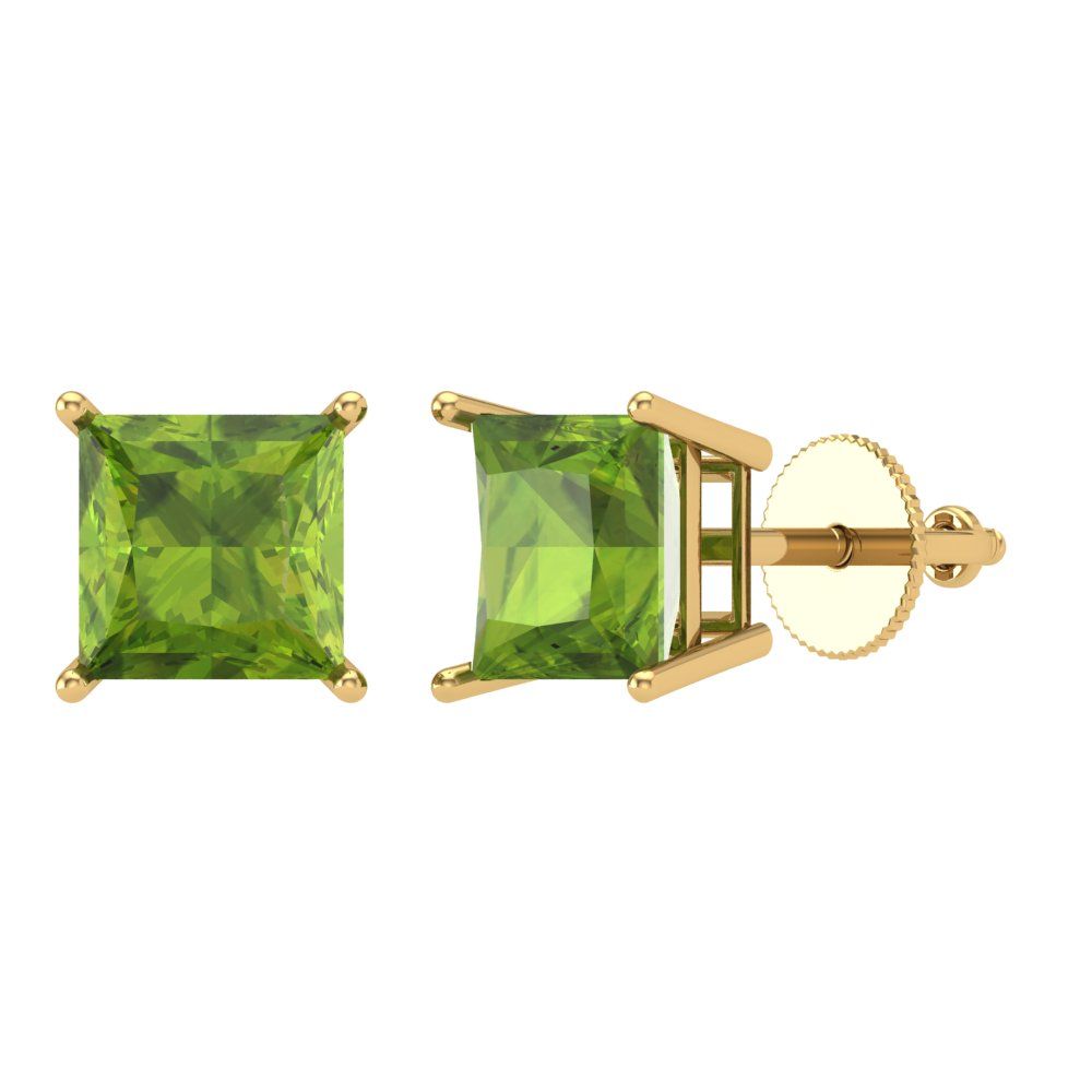 4 ctw Peridot Studs Earrings | 7.0mm Princess Cut White Gold Screw back | August Birthstone