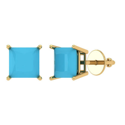 4 ctw Turquoise Studs Earrings | 7.0mm Princess Cut White Gold Screw back | December Birthstone