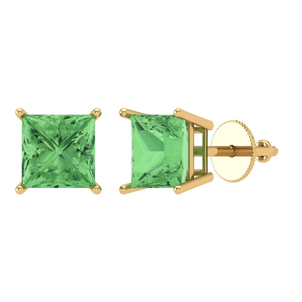 4 ctw Green Zirconia Studs Earrings | 7.0mm Princess Cut White Gold Screw back | April Birthstone