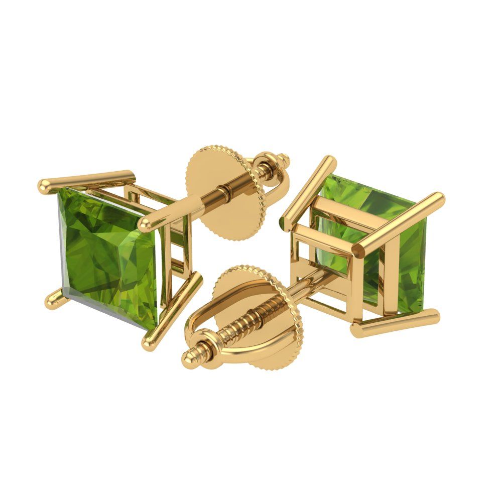 4 ctw Peridot Studs Earrings | 7.0mm Princess Cut White Gold Screw back | August Birthstone