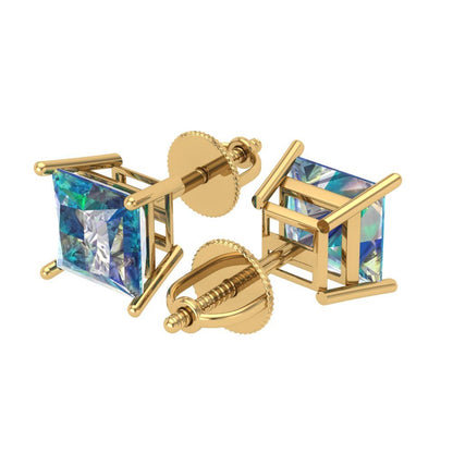 4 ctw Blue Moissanite Studs Earrings | 7.0mm Princess Cut White Gold Screw back | April Birthstone