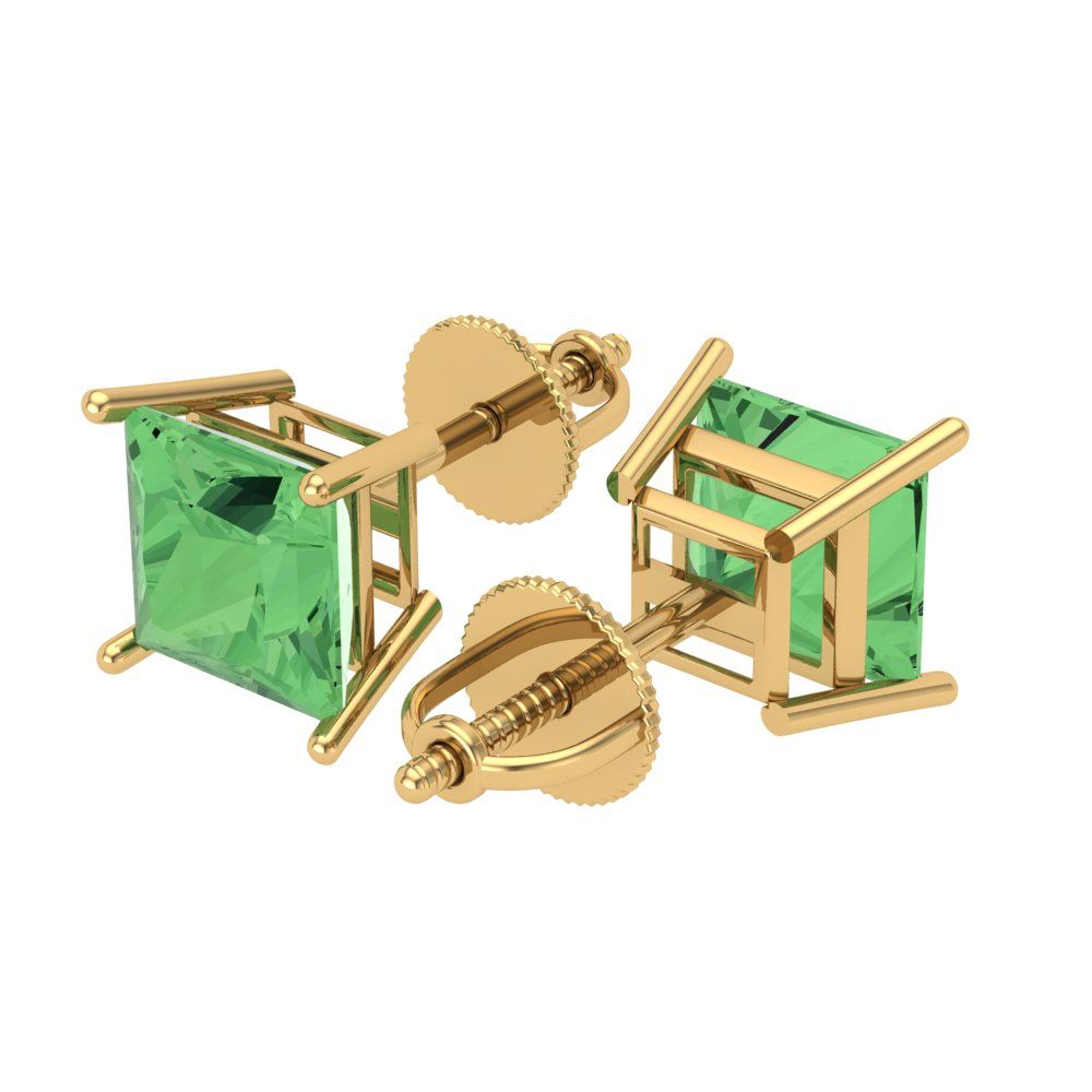 4 ctw Green Zirconia Studs Earrings | 7.0mm Princess Cut White Gold Screw back | April Birthstone