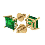 4 ct Brilliant Princess Cut Solitaire Studs Simulated Emerald Stone Yellow Gold Earrings Screw back