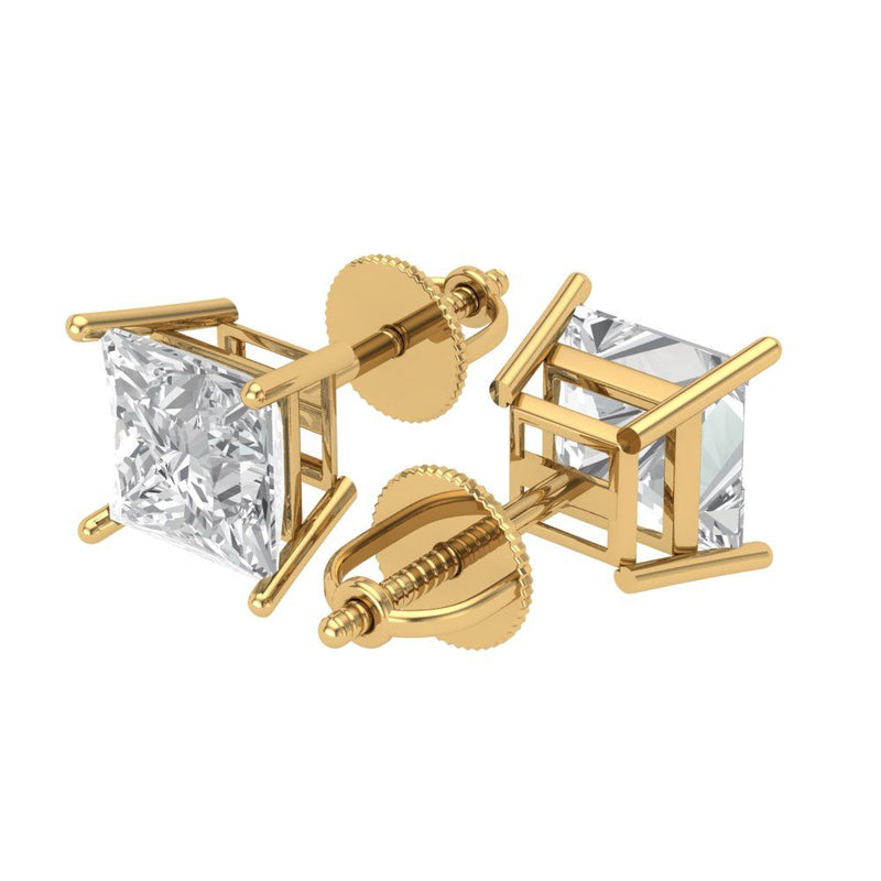 4 ct Brilliant Princess Cut Solitaire Studs Natural Diamond Stone Clarity SI1-2 Color G-H Yellow Gold Earrings Screw back