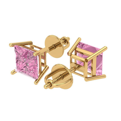 4 ctw Pink Zirconia Studs Earrings | 7.0mm Princess Cut White Gold Screw back | April Birthstone