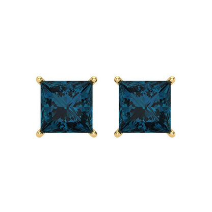 4 ctw London Blue Topaz Studs Earrings | 7.0mm Princess Cut White Gold Screw back | December Birthstone