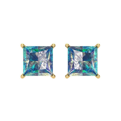 4 ctw Blue Moissanite Studs Earrings | 7.0mm Princess Cut White Gold Screw back | April Birthstone
