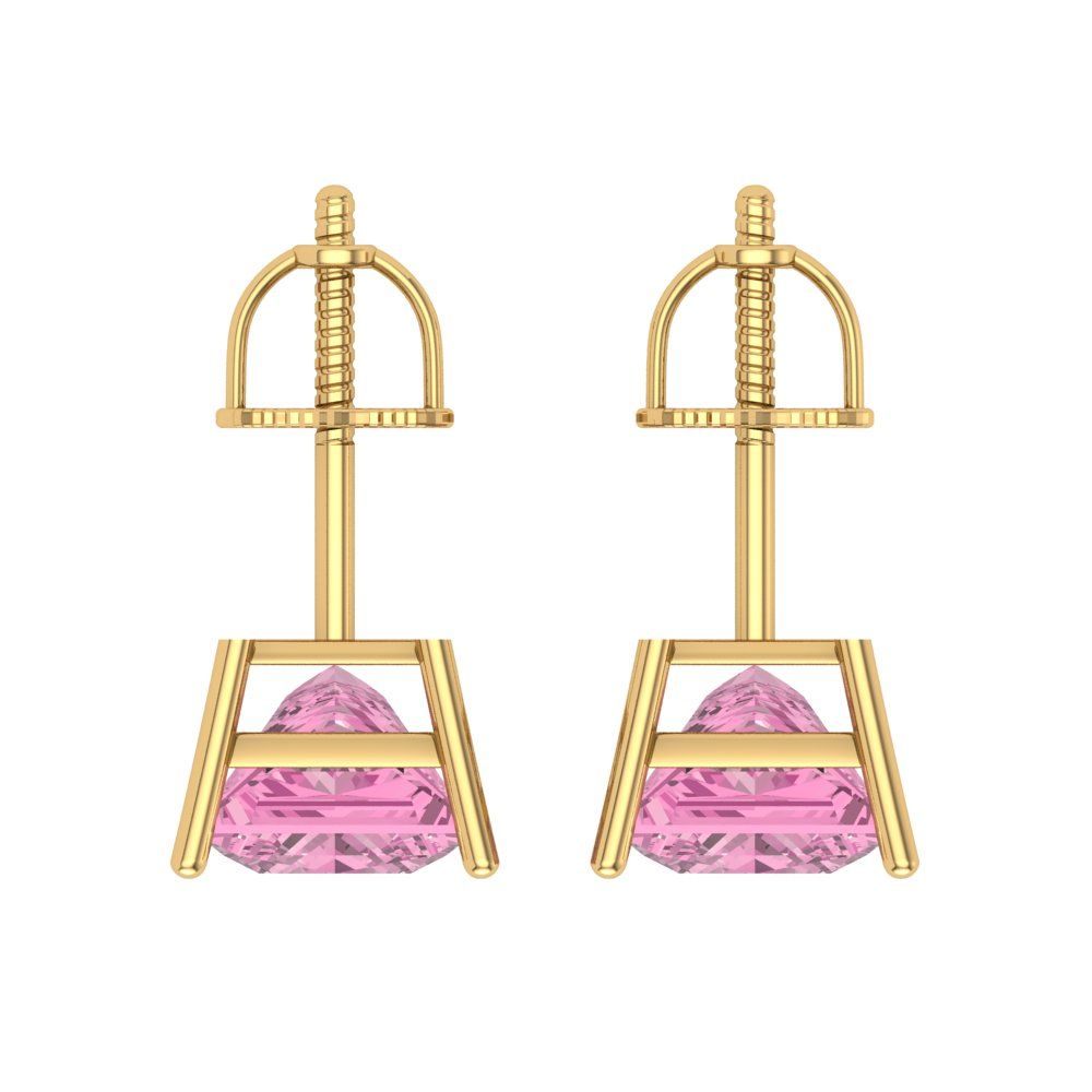 4 ctw Pink Zirconia Studs Earrings | 7.0mm Princess Cut White Gold Screw back | April Birthstone