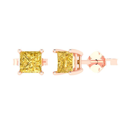 1.5 ctw Citrine Studs Earrings | 5.0mm Princess Cut White Gold Push back | November Birthstone