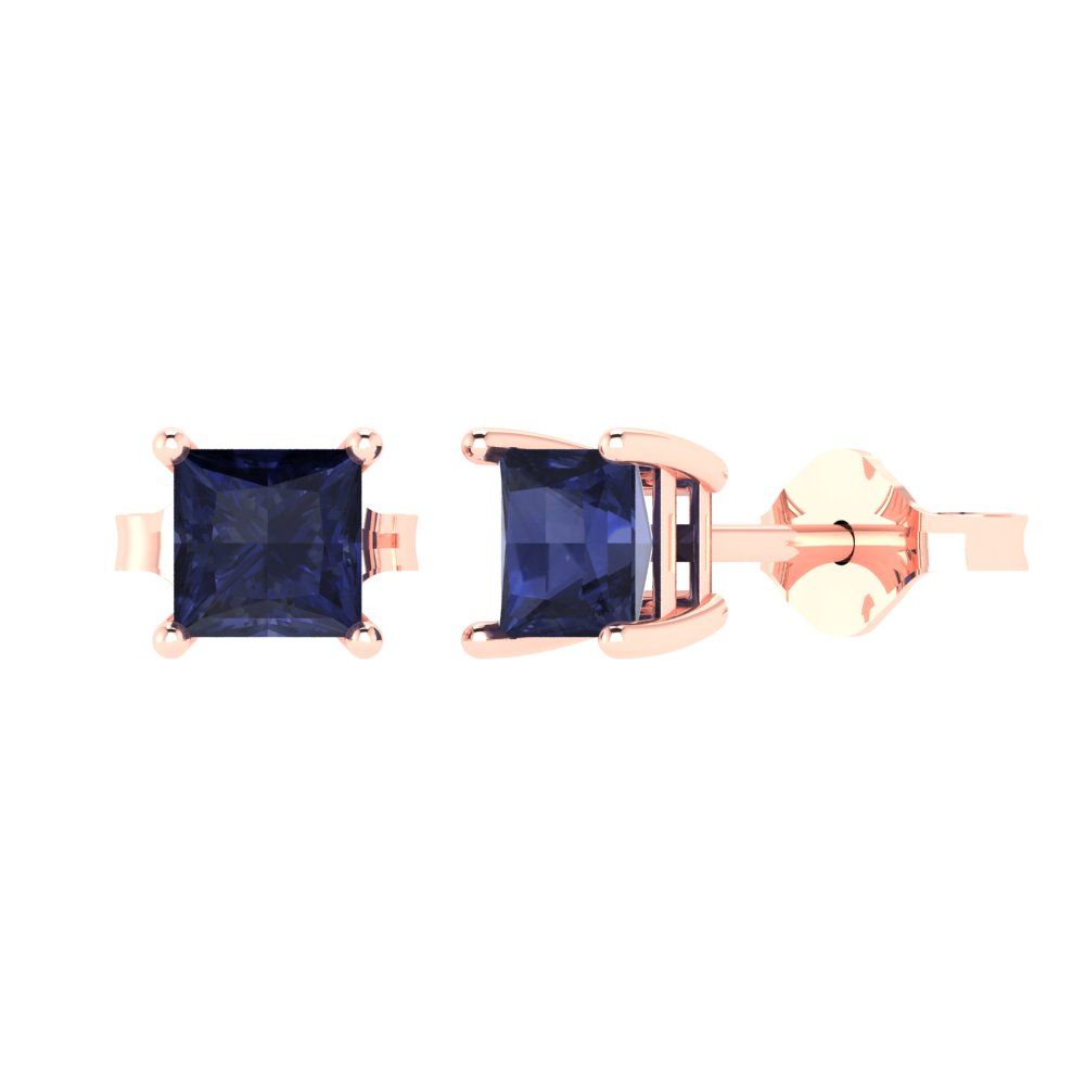 1.5 ctw Blue Sapphire Studs Earrings | 5.0mm Princess Cut White Gold Push back | September Birthstone