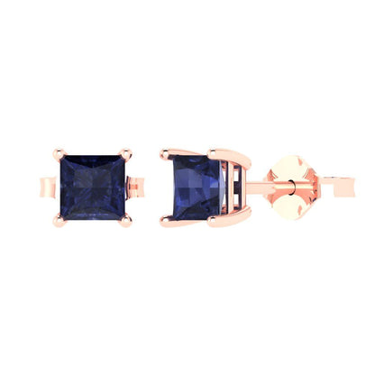 1.5 ctw Blue Sapphire Studs Earrings | 5.0mm Princess Cut White Gold Push back | September Birthstone