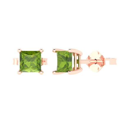 1.5 ctw Peridot Studs Earrings | 5.0mm Princess Cut White Gold Push back | August Birthstone
