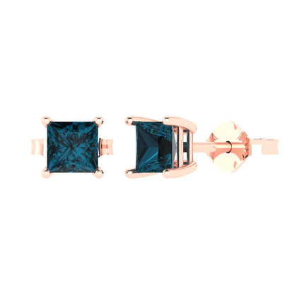 1.5 ctw London Blue Topaz Studs Earrings | 5.0mm Princess Cut White Gold Push back | December Birthstone