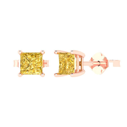 1.5 ctw Yellow Zirconia Studs Earrings | 5.0mm Princess Cut White Gold Push back | April Birthstone