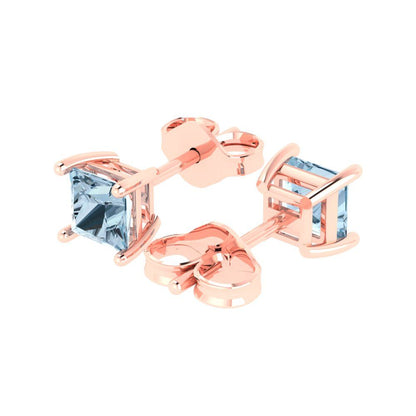 1.5 ctw Aquamarine Studs Earrings | 5.0mm Princess Cut White Gold Push back | March Birthstone