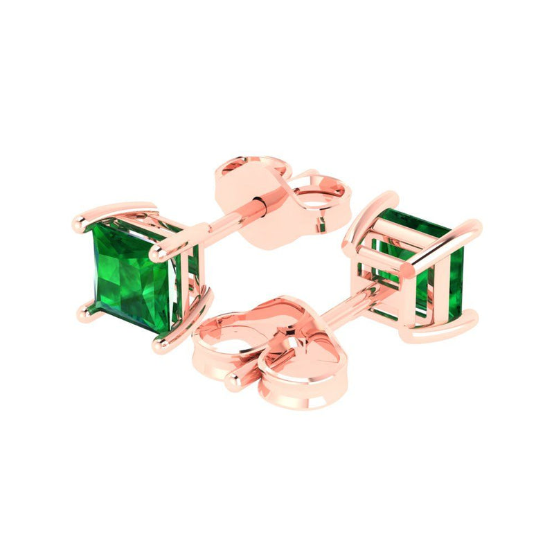 1.5 ct Brilliant Princess Cut Solitaire Studs Simulated Emerald Stone Rose Gold Earrings Push back