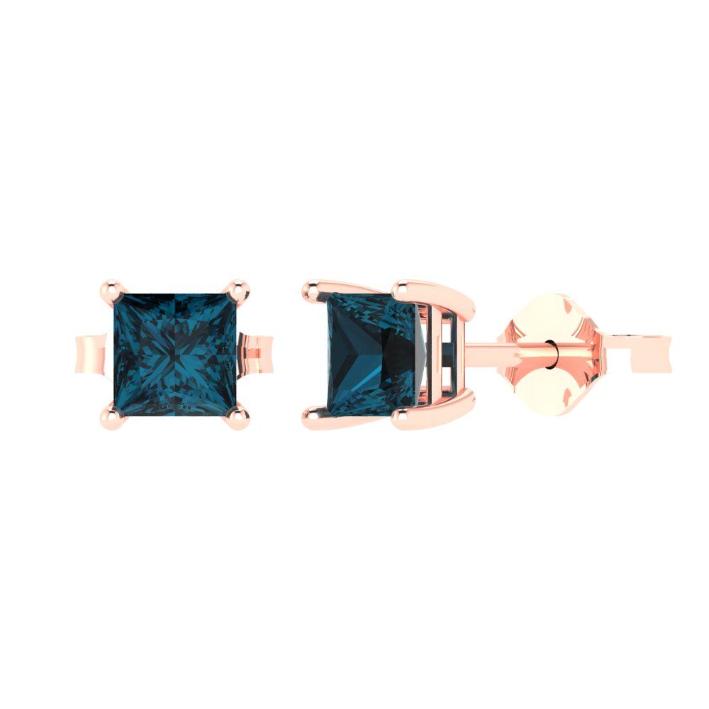 2cttw Princess Cut Natural London Blue Topaz Gold-Plated 925 Silver Push Back Stud Earrings