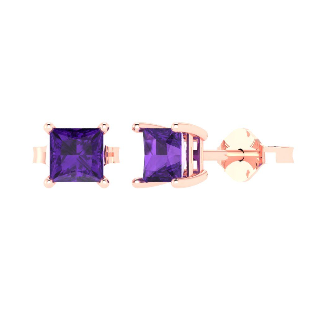 2cttw Princess Cut Natural Amethyst Gold-Plated 925 Silver Push Back Stud Earrings
