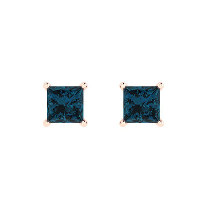 2cttw Princess Cut Natural London Blue Topaz Gold-Plated 925 Silver Push Back Stud Earrings