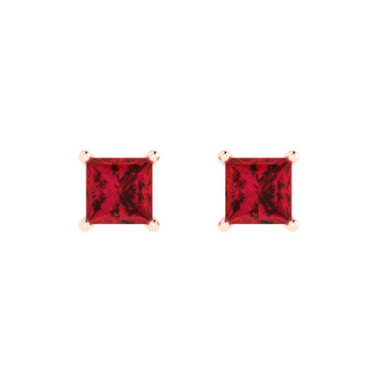 2cttw Princess Cut Simulated Ruby Gold-Plated 925 Silver Push Back Stud Earrings