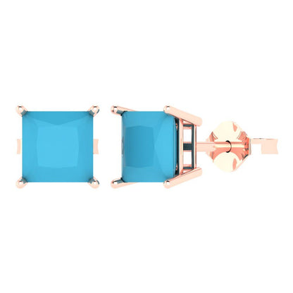 3 ctw Turquoise Studs Earrings | 6.5mm Princess Cut White Gold Push Back | December Birthstone