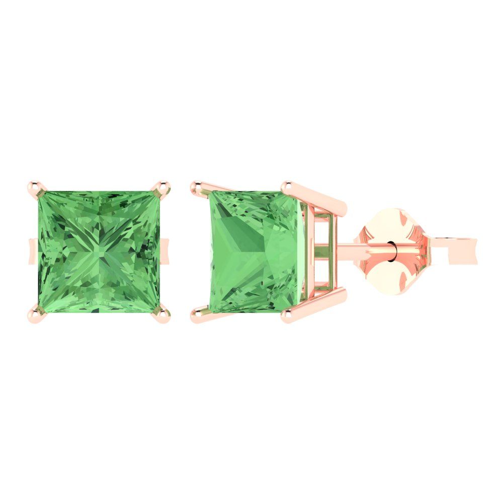 3 ctw Green Zirconia Studs Earrings | 6.5mm Princess Cut White Gold Push Back | April Birthstone