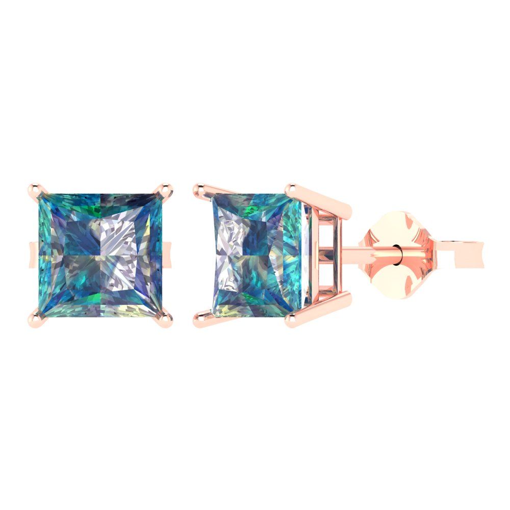 3 ctw Blue Moissanite Studs Earrings | 6.5mm Princess Cut White Gold Push Back | April Birthstone