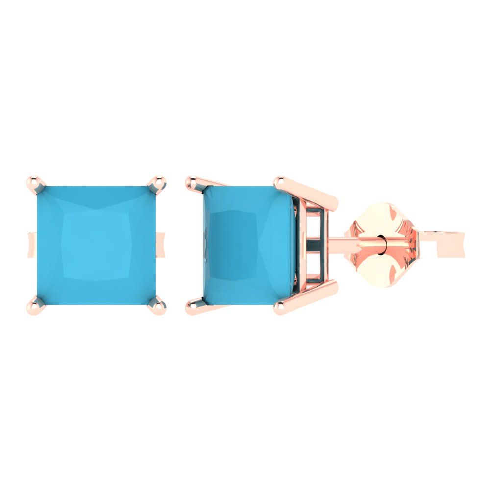 3cttw Princess Cut Simulated Turquoise Gold-Plated 925 Silver Push Back Stud Earrings