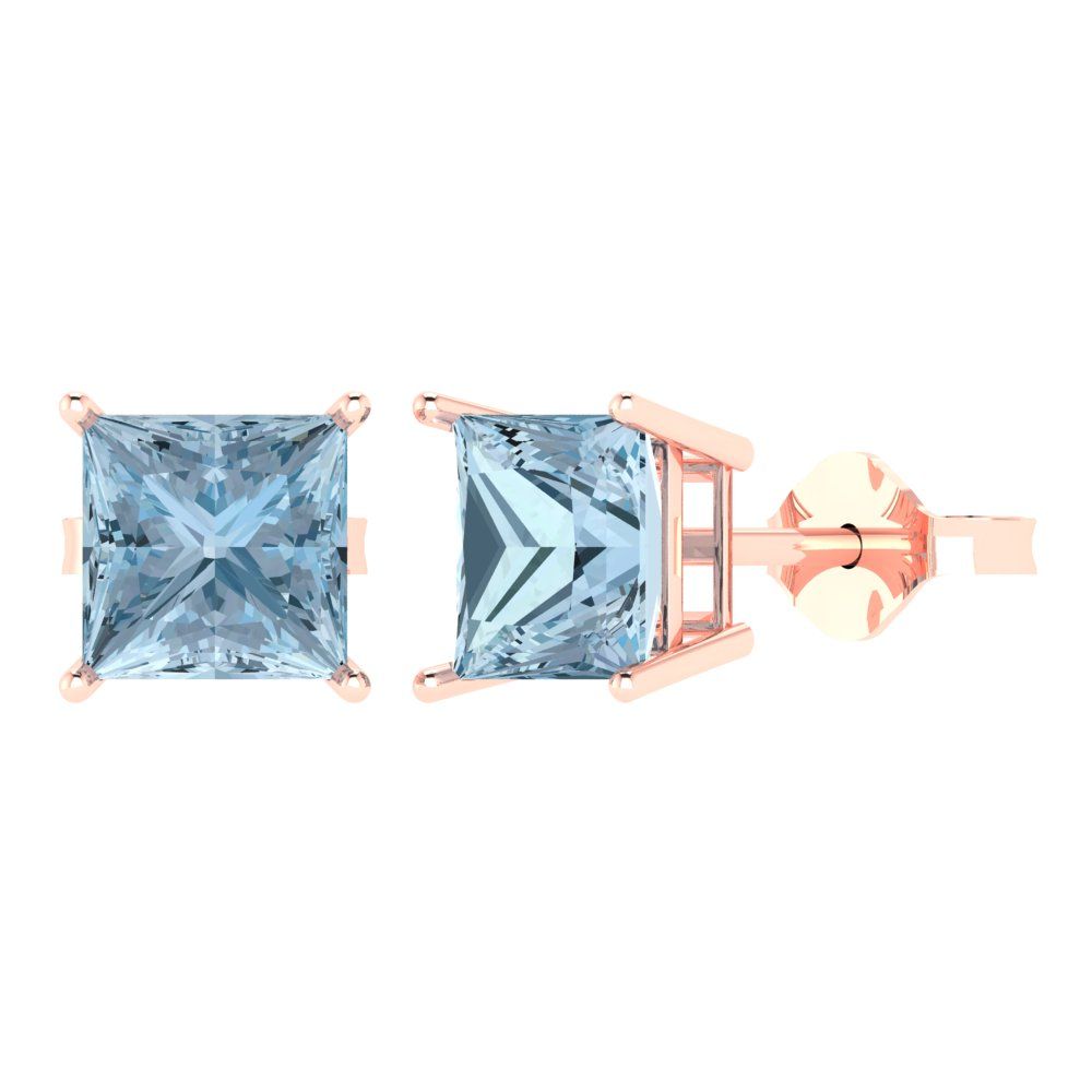 3 ctw Sky Blue Topaz Studs Earrings | 6.5mm Princess Cut White Gold Push Back | December Birthstone