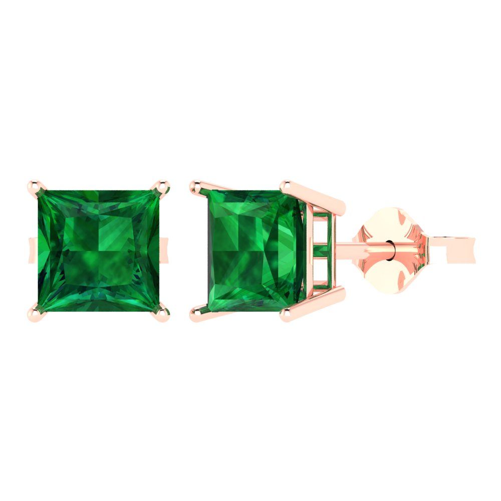 3 ctw Emerald Studs Earrings | 6.5mm Princess Cut White Gold Push Back | May Birthstone