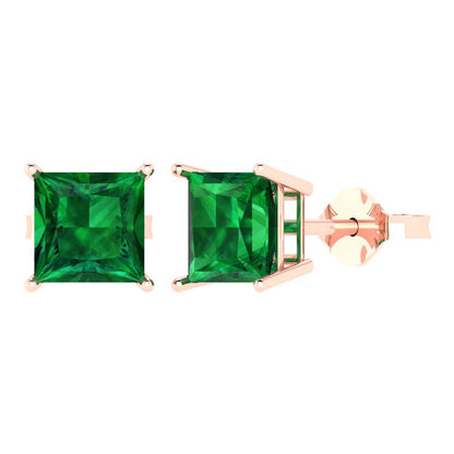 3 ctw Emerald Studs Earrings | 6.5mm Princess Cut White Gold Push Back | May Birthstone