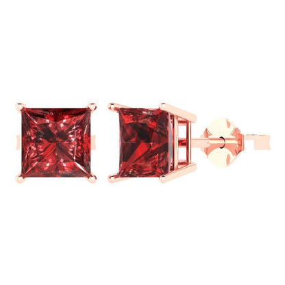 3cttw Princess Cut Natural Garnet Gold-Plated 925 Silver Push Back Stud Earrings