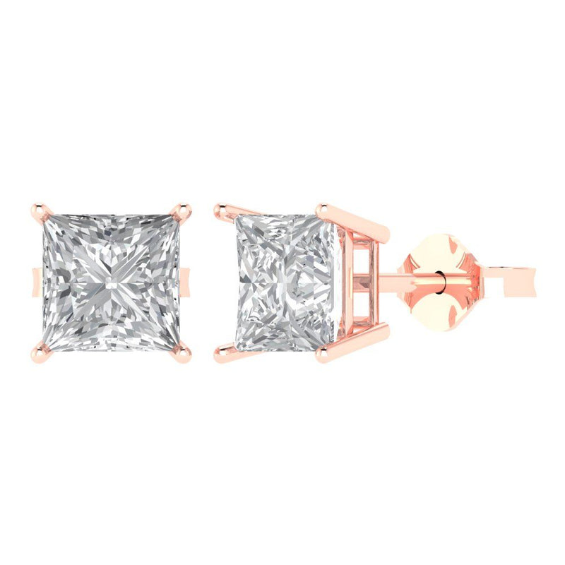 3.0 ct Brilliant Princess Cut Solitaire Studs Natural Diamond Stone Clarity SI1-2 Color G-H Rose Gold Earrings Push Back