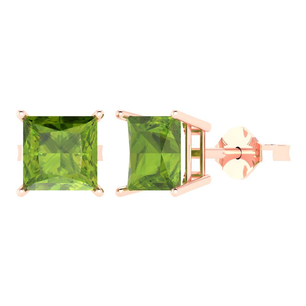 3 ctw Peridot Studs Earrings | 6.5mm Princess Cut White Gold Push Back | August Birthstone