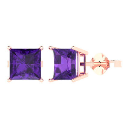 3cttw Princess Cut Natural Amethyst Gold-Plated 925 Silver Push Back Stud Earrings