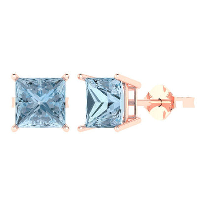 3 ctw Swiss Blue Topaz Studs Earrings | 6.5mm Princess Cut White Gold Push Back | December Birthstone