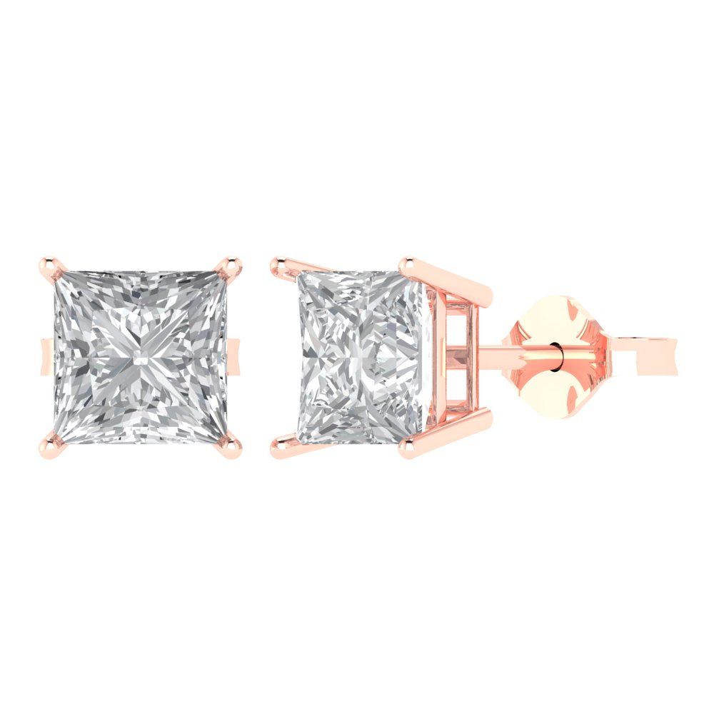3 ctw Zirconia Diamond Studs Earrings | 6.5mm Princess Cut White Gold Push Back | April Birthstone