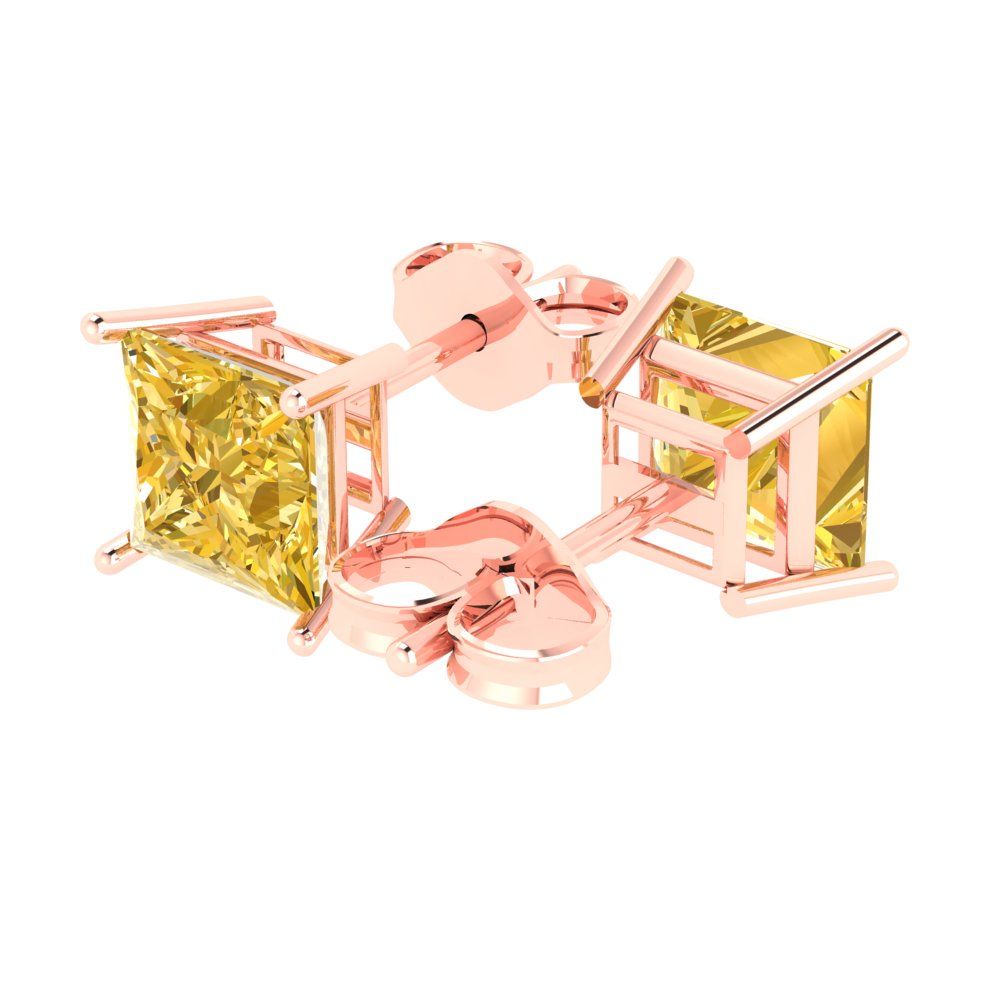 3 ctw Citrine Studs Earrings | 6.5mm Princess Cut White Gold Push Back | November Birthstone