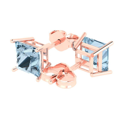 3 ctw Blue Zirconia Studs Earrings | 6.5mm Princess Cut White Gold Push Back | April Birthstone