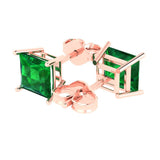 3.0 ct Brilliant Princess Cut Solitaire Studs Simulated Emerald Stone Rose Gold Earrings Push Back